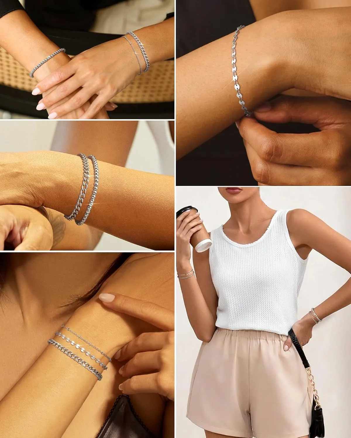 Gold Chain Bracelets Set for Women - 14K Gold Plated Dainty Cuban Link Bracelet Stack Non Tarnish Figaro Herringbone Paperclip Beaded Bracelet Pack Jewelry Gifts for Women