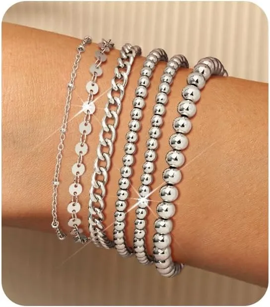 Gold Chain Bracelets Set for Women - 14K Gold Plated Dainty Cuban Link Bracelet Stack Non Tarnish Figaro Herringbone Paperclip Beaded Bracelet Pack Jewelry Gifts for Women