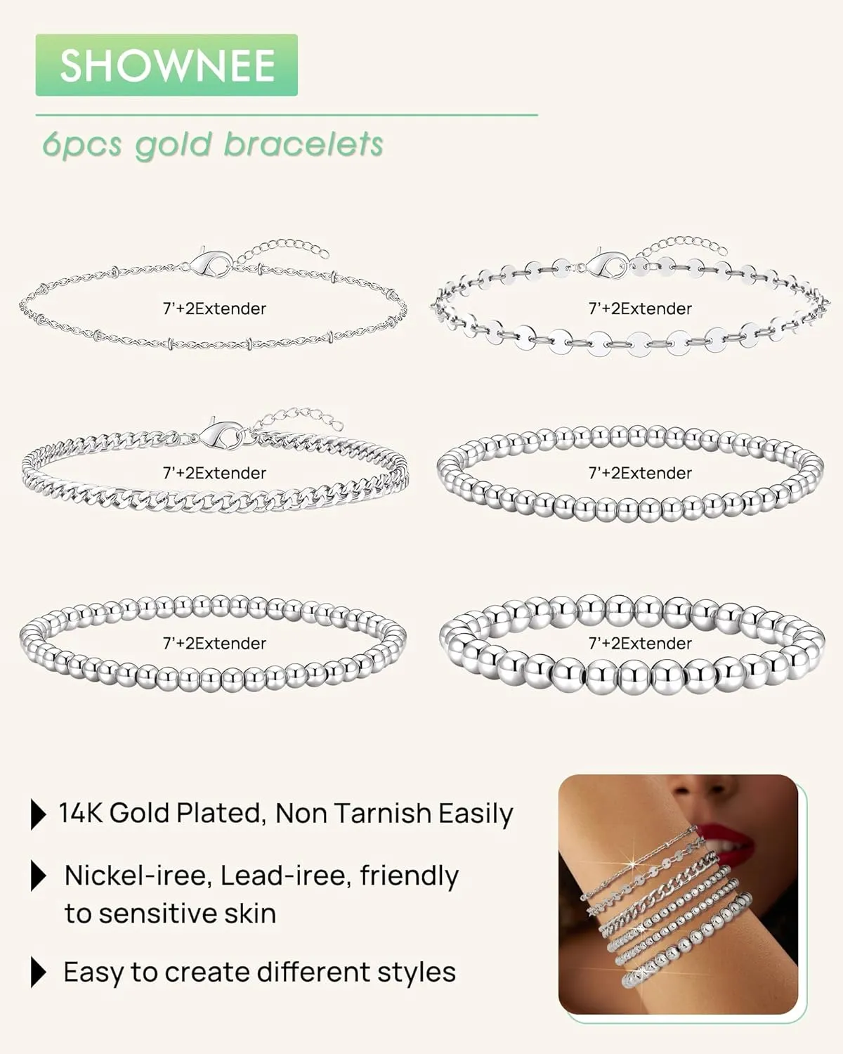 Gold Chain Bracelets Set for Women - 14K Gold Plated Dainty Cuban Link Bracelet Stack Non Tarnish Figaro Herringbone Paperclip Beaded Bracelet Pack Jewelry Gifts for Women