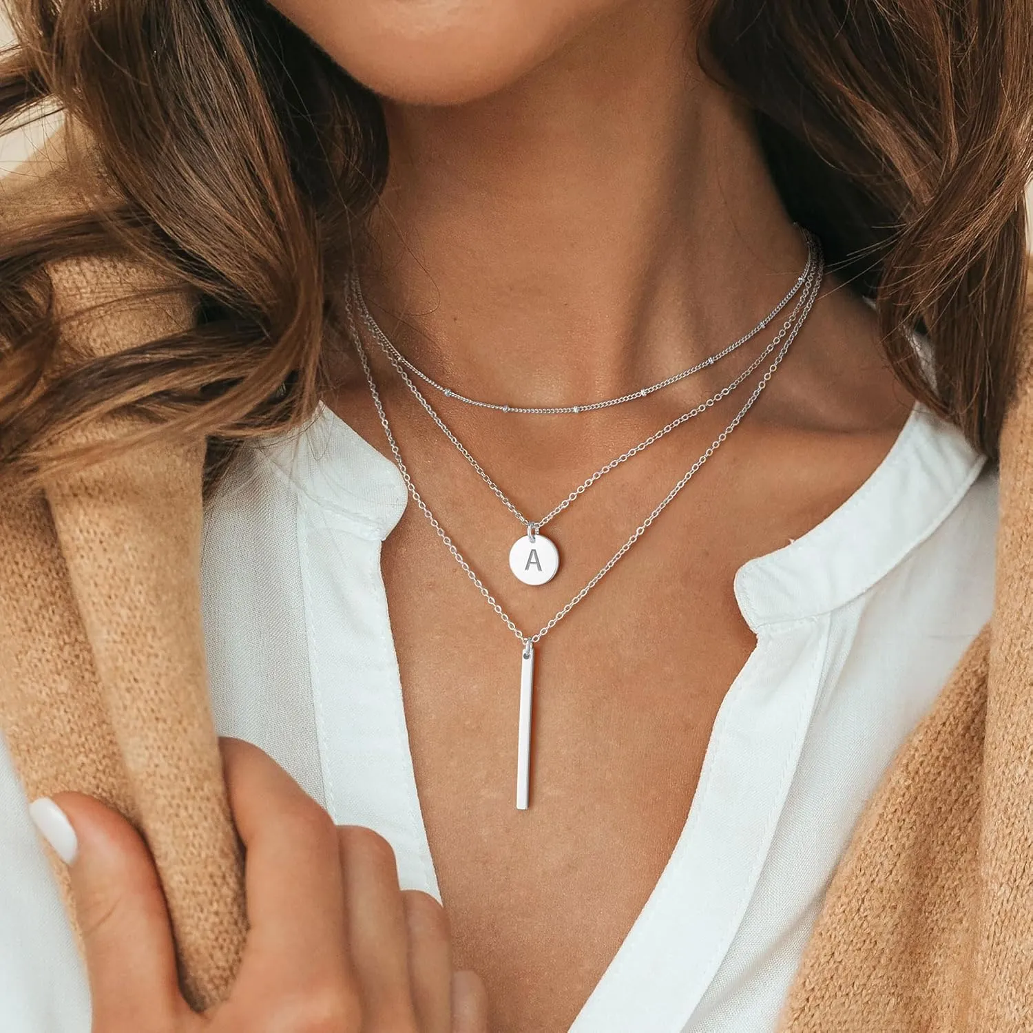 Gold Initial Layered Necklaces for Women, 14K Gold Plated Coin Letter Necklace Bar Stacking Layer Necklace Multi Bar Layering Y-Necklaces Jewelry for Women