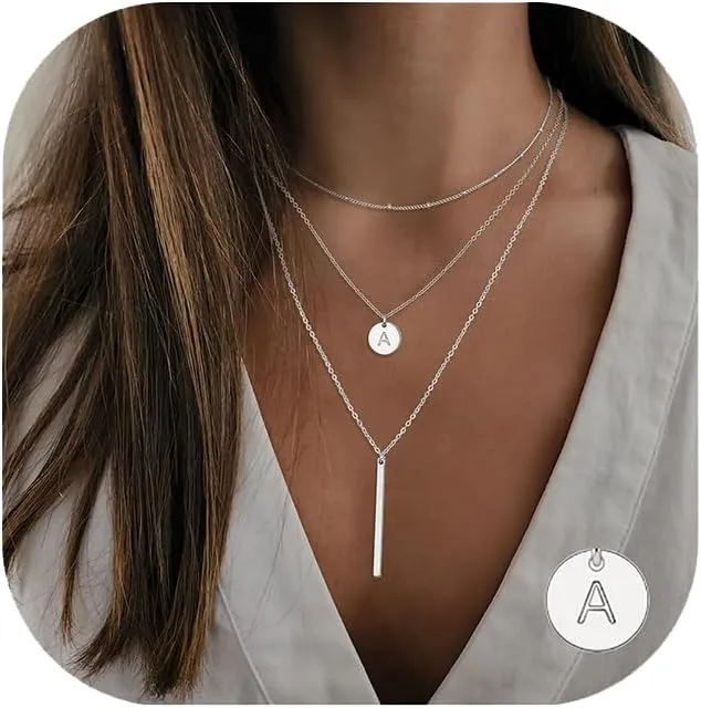 Gold Initial Layered Necklaces for Women, 14K Gold Plated Coin Letter Necklace Bar Stacking Layer Necklace Multi Bar Layering Y-Necklaces Jewelry for Women