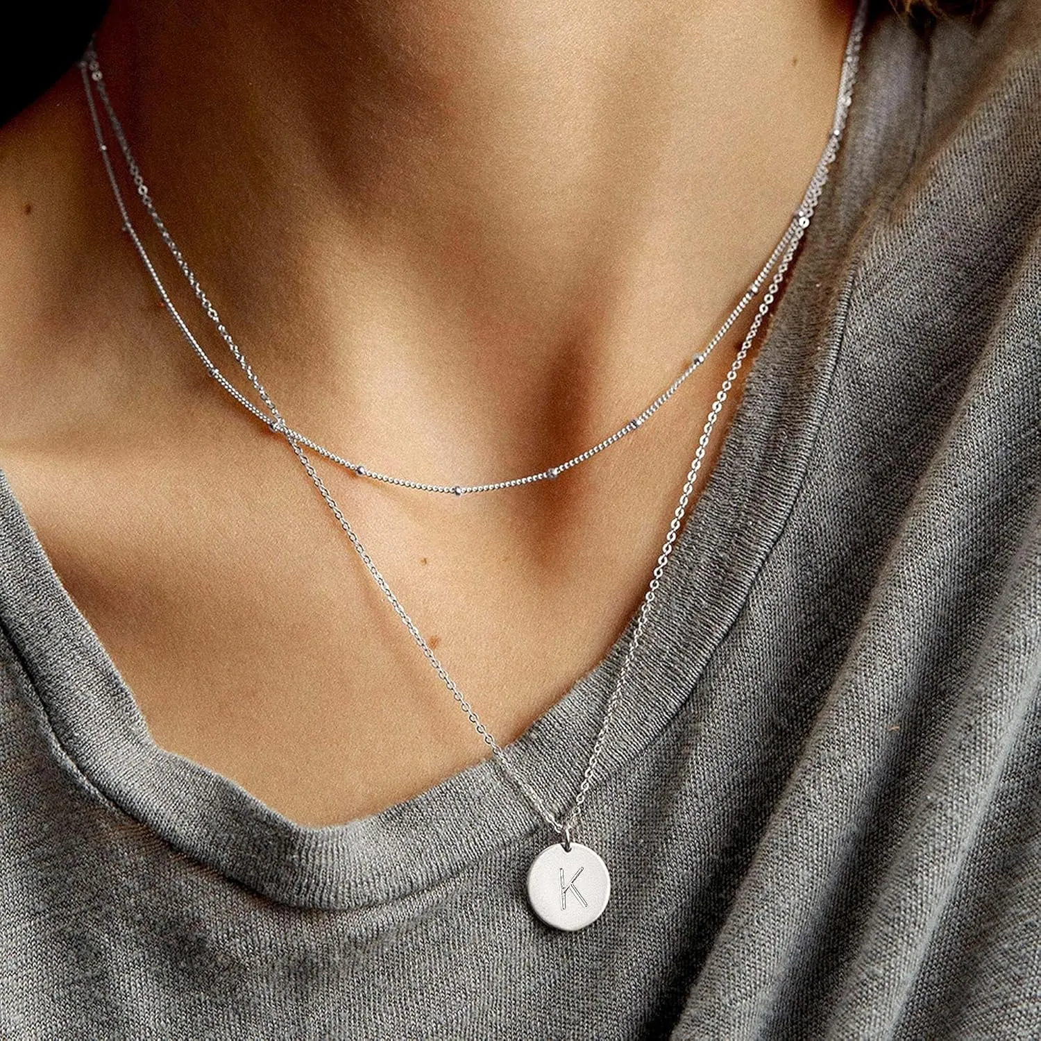 Gold Initial Layered Necklaces for Women, 14K Gold Plated Coin Letter Necklace Bar Stacking Layer Necklace Multi Bar Layering Y-Necklaces Jewelry for Women