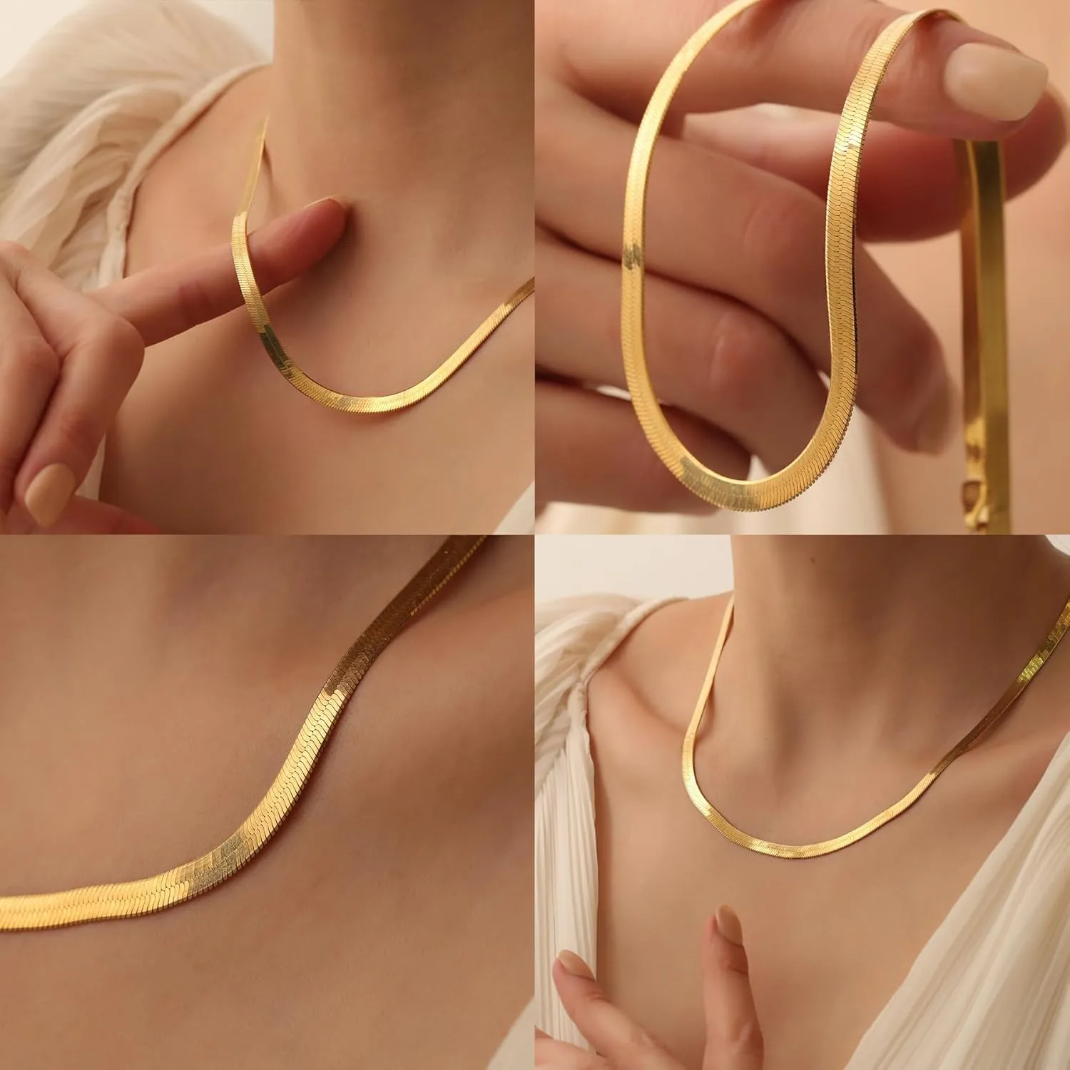 Gold Layered Necklaces for Women, 14K Gold Plated Dainty Gold Chain Choker Necklace Stack, Herringbone Gold Necklaces Set
