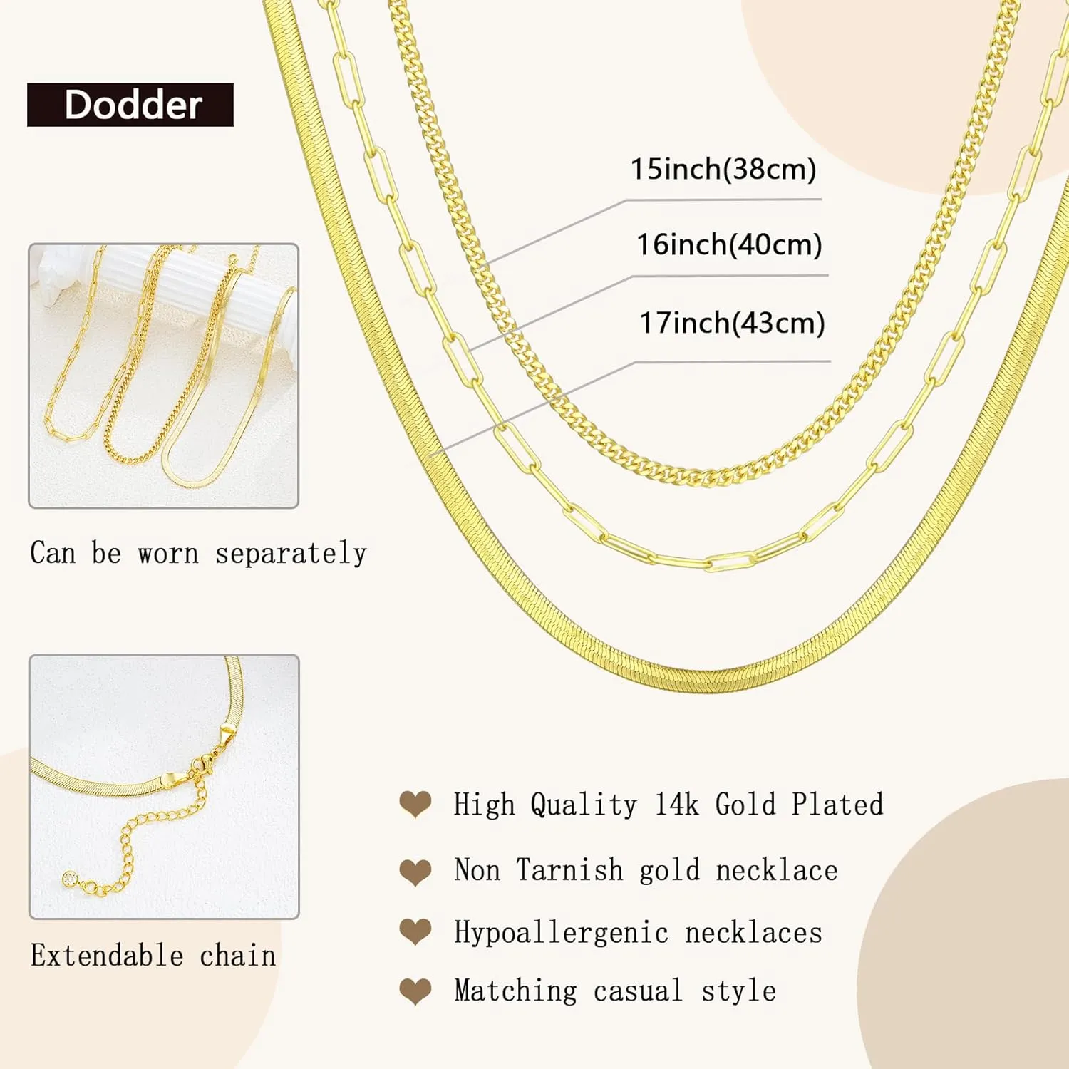 Gold Layered Necklaces for Women, 14K Gold Plated Dainty Gold Chain Choker Necklace Stack, Herringbone Gold Necklaces Set