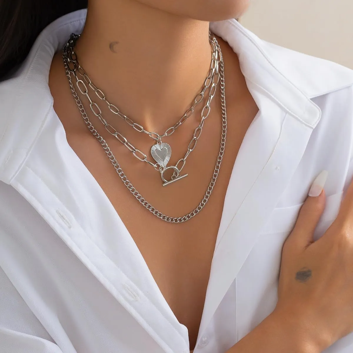 Gold Layered Necklaces for Women Chunky Silver Necklace Coin Paperclip Stacked Necklace Trendy Statement Jewelry