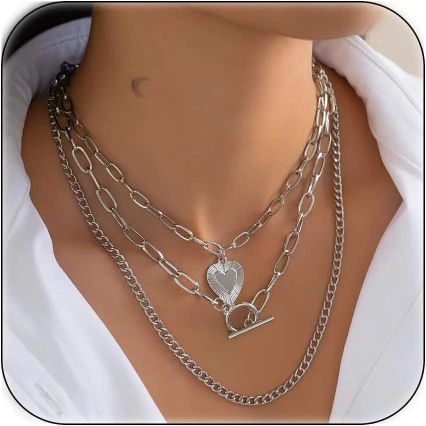 Gold Layered Necklaces for Women Chunky Silver Necklace Coin Paperclip Stacked Necklace Trendy Statement Jewelry