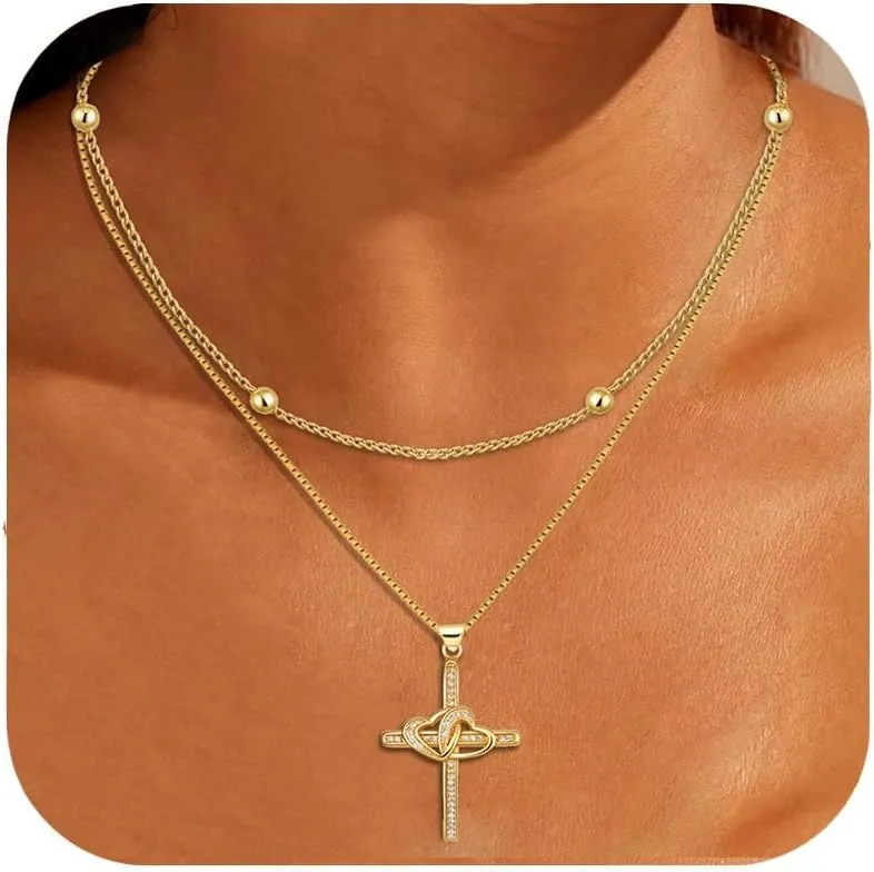 Gold Layered Necklaces for Women, Stackable Dainty Cross Chain Necklace Charm Necklace Paperclip Pendant Choker Necklaces Trendy Gold Jewelry Set Gifts for Women