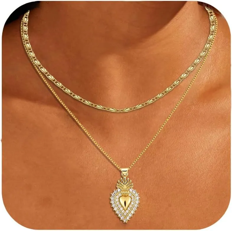 Gold Layered Necklaces for Women, Stackable Dainty Love Heart Chain Necklace Charm Necklace Paperclip Pendant Choker Necklaces Trendy Gold Jewelry Set Gifts for Women