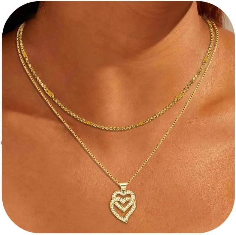 Gold Layered Necklaces for Women, Stackable Dainty Love Heart Chain Necklace Charm Necklace Paperclip Pendant Choker Necklaces Trendy Gold Jewelry Set Gifts for Women