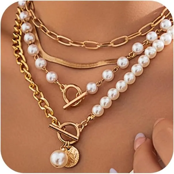 Gold Layered Paperclip OT Buckle Pearl Necklaces for Women Dainty, Vintage MultiLayer Coin Pearls Pendant Snake Chain Choker Necklaces Trendy Jewelry Gift
