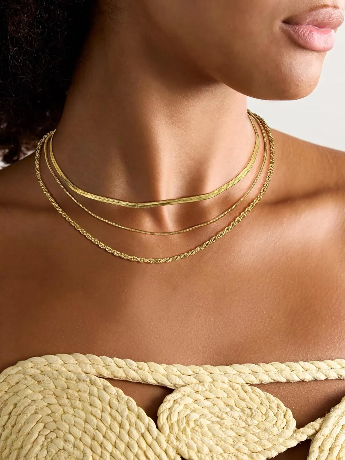 Gold Necklace for Women,Herringbone Layered Necklaces for Women,14K Gold Plated Chunky Thin Paperclip Snake Chain Choker Simple Fashion Jewelry