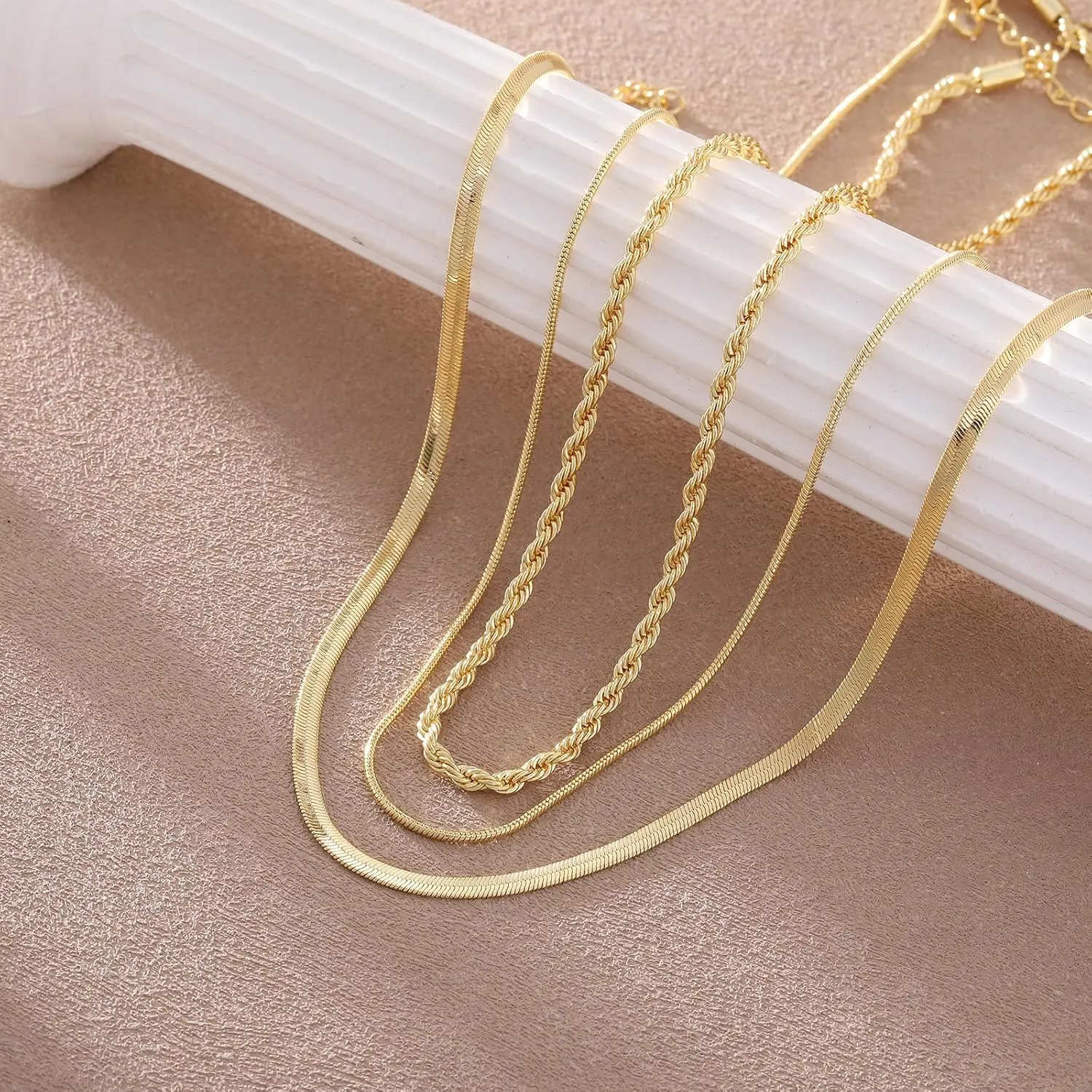 Gold Necklace for Women,Herringbone Layered Necklaces for Women,14K Gold Plated Chunky Thin Paperclip Snake Chain Choker Simple Fashion Jewelry