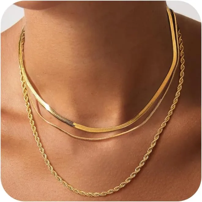 Gold Necklace for Women,Herringbone Layered Necklaces for Women,14K Gold Plated Chunky Thin Paperclip Snake Chain Choker Simple Fashion Jewelry