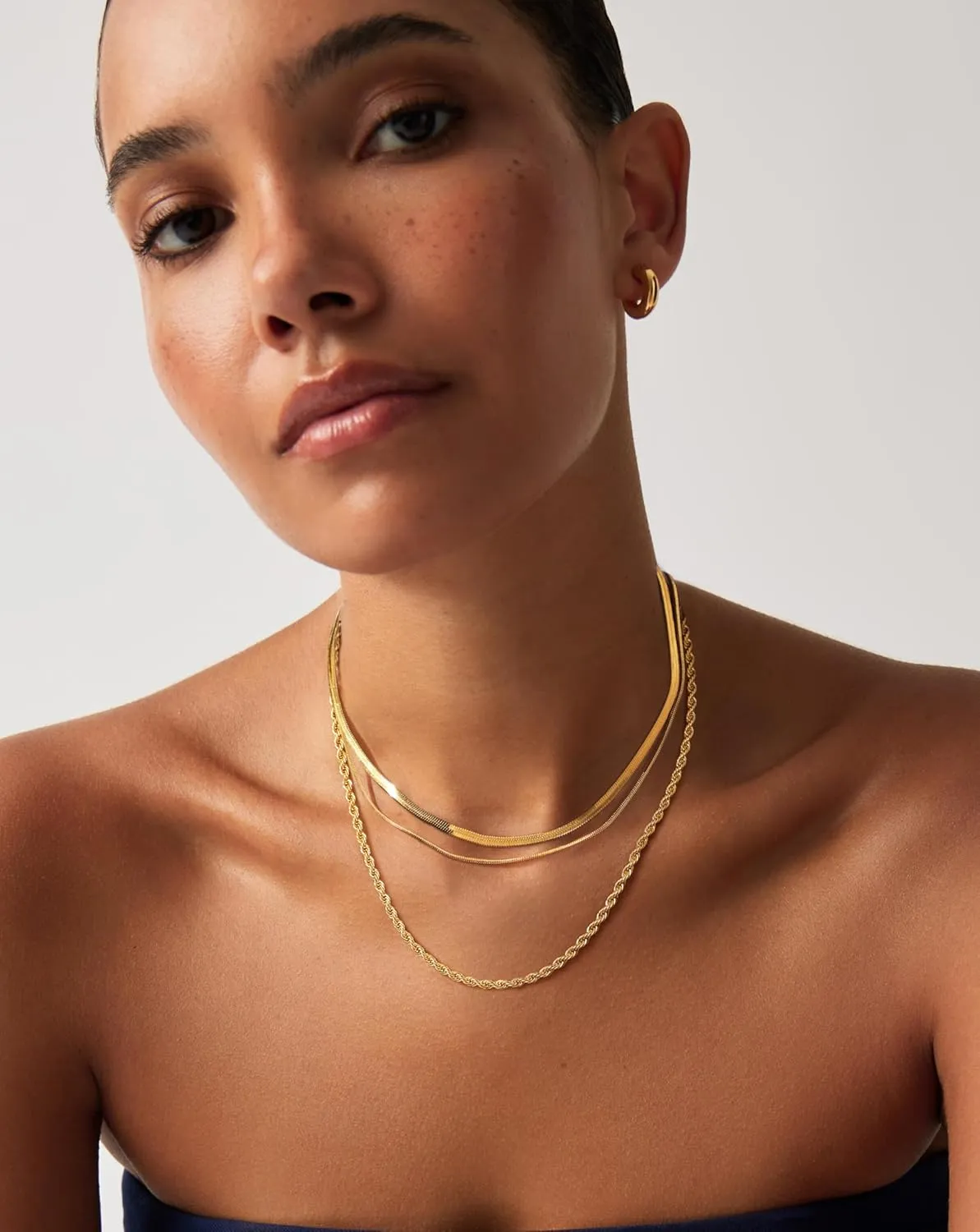 Gold Necklace for Women,Herringbone Layered Necklaces for Women,14K Gold Plated Chunky Thin Paperclip Snake Chain Choker Simple Fashion Jewelry