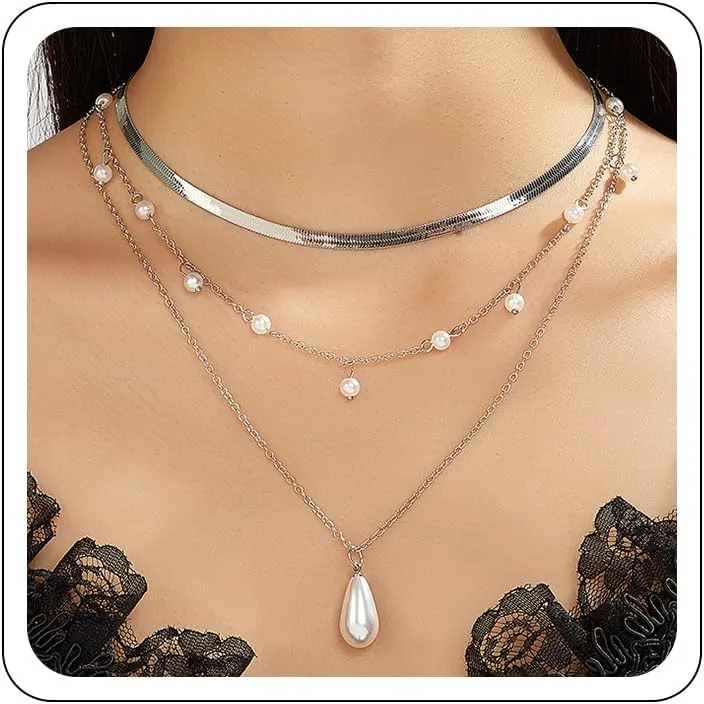 Gold Pearl Necklace for Women Dainty Layered Pearl Necklaces 14K Gold Plated Small Tiny Pearl Herringbone Chain Choker Necklace Pearl Jewelry for Prom Wedding Bridal Bridesmaid