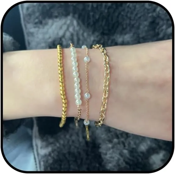Gold Pearl Stack Bracelets for Women Dainty Pearl Bracelets Layered Beaded Bracelets Paperclip Link Chain Bracelet Set Trendy Jewelry