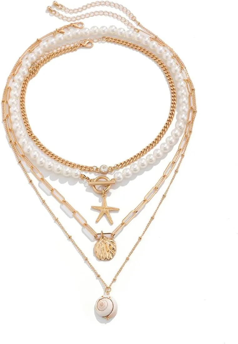 Gold Shell Necklace For Women Gold Layered Necklace - Beachy Puka Shell & Seashell Charm Necklaces, Summer Hawaiian Jewelry Set with Choker, Dainty Layered Necklaces for Women
