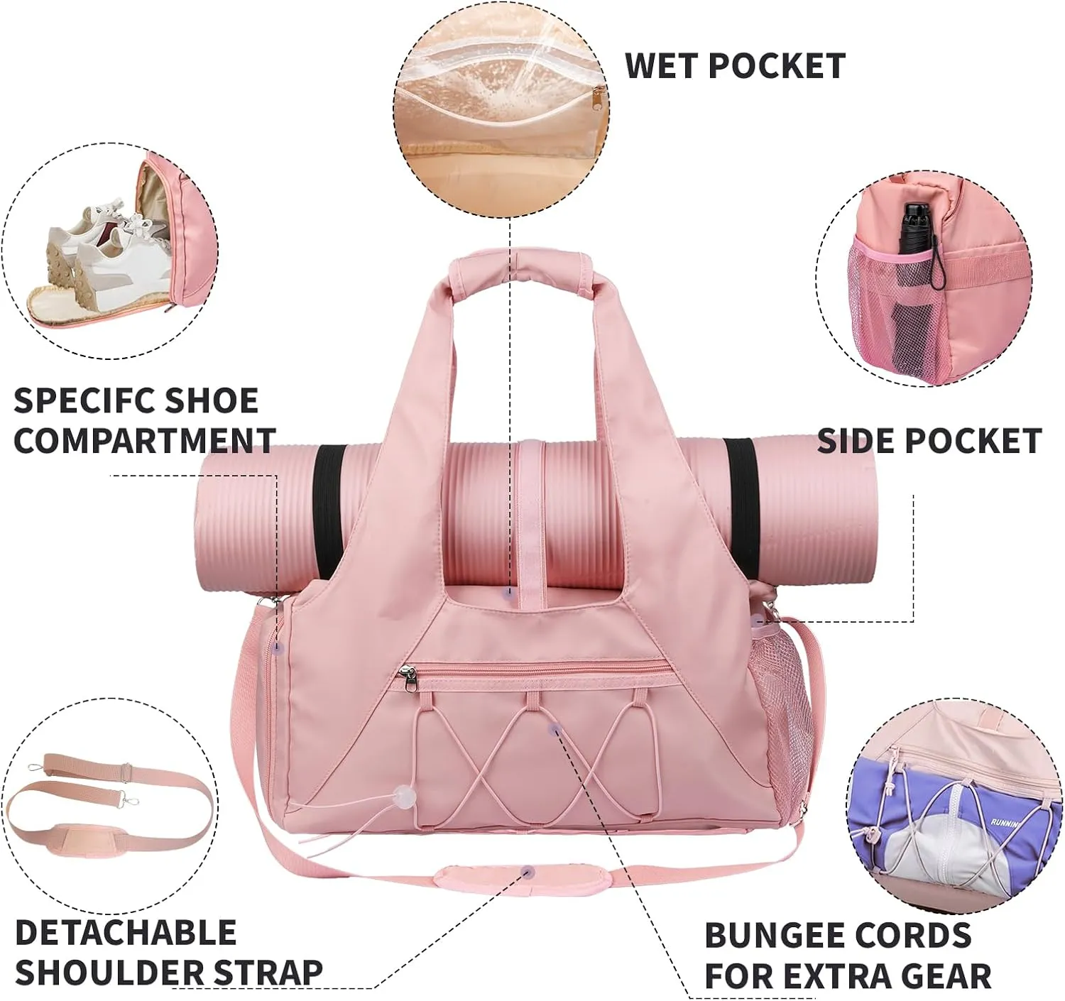 Gym Bag for Womens,Yoga Mat Bag with Shoes Compartment Water Bottle Carrier Multi-Functional Bags Ideal for Travel, Gym, Sports, Weekender