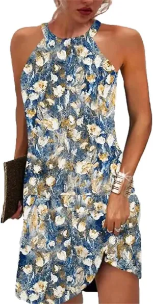 Halter Dresses for Women 2025 Casual Floral Print Summer Dresses Hollow Out A-line Sundresses for Beach Vacation