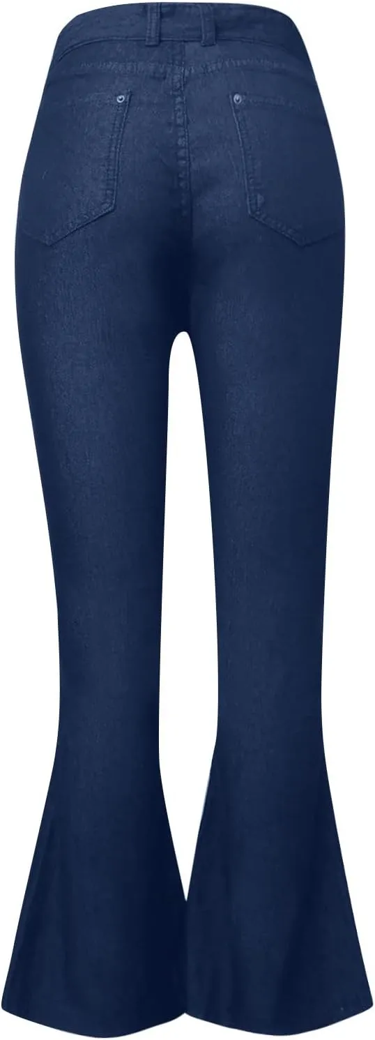 High Waisted Flare Jeans for Woman Adjustable Tie Wide Leg Denim Trousers Trendy Stretchy Bell Bottoms with Pockets