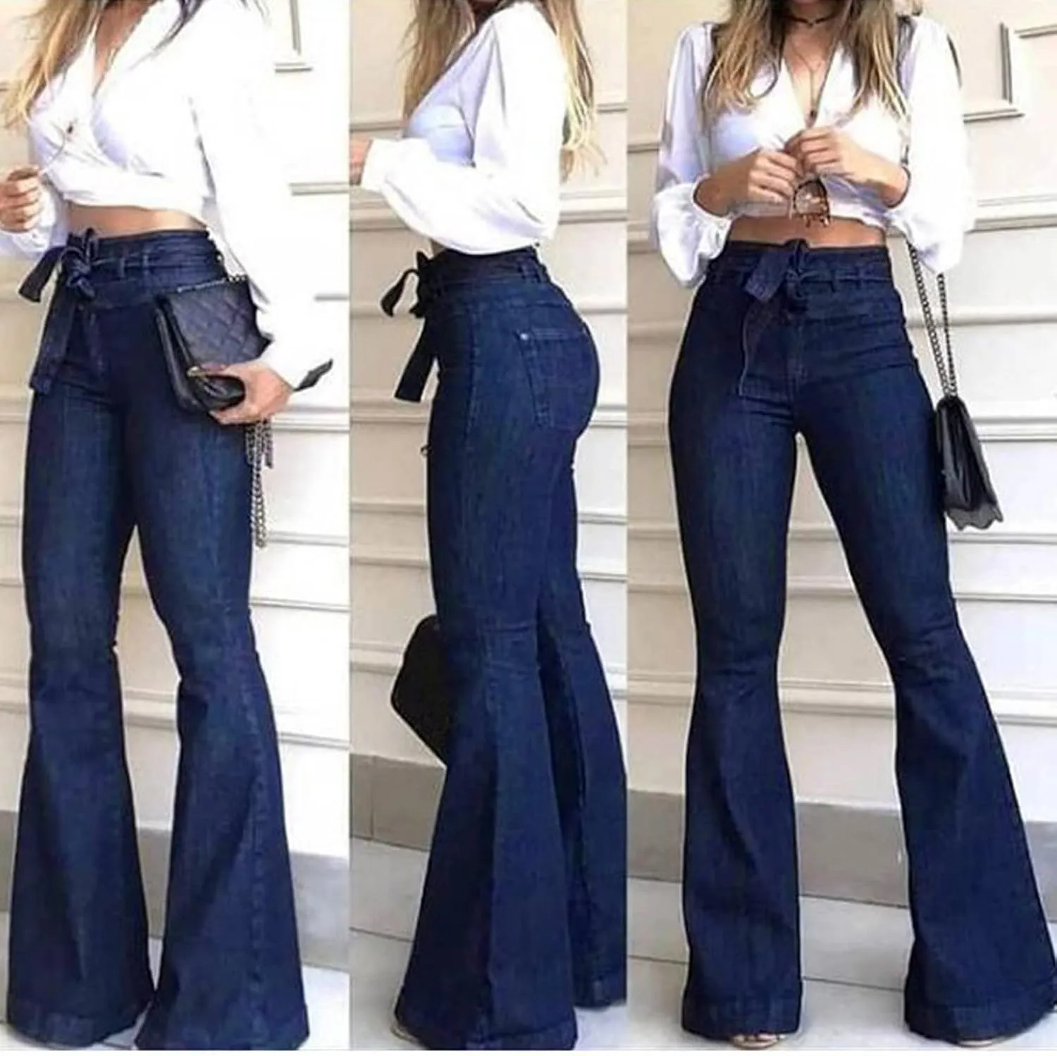 High Waisted Flare Jeans for Woman Adjustable Tie Wide Leg Denim Trousers Trendy Stretchy Bell Bottoms with Pockets