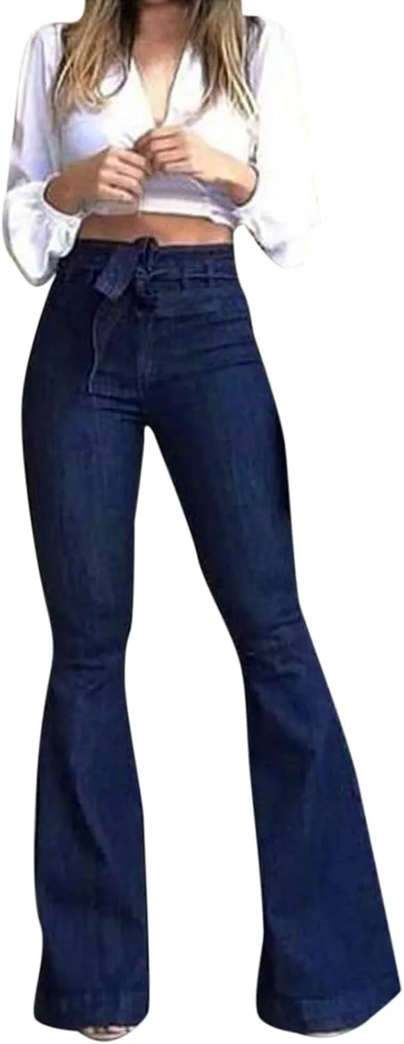 High Waisted Flare Jeans for Woman Adjustable Tie Wide Leg Denim Trousers Trendy Stretchy Bell Bottoms with Pockets