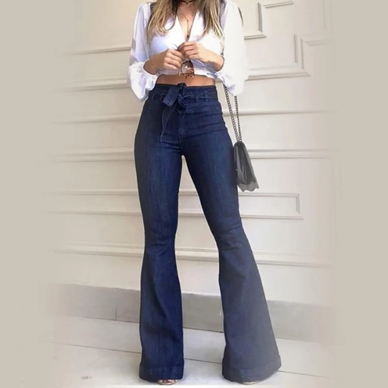 High Waisted Flare Jeans for Woman Adjustable Tie Wide Leg Denim Trousers Trendy Stretchy Bell Bottoms with Pockets
