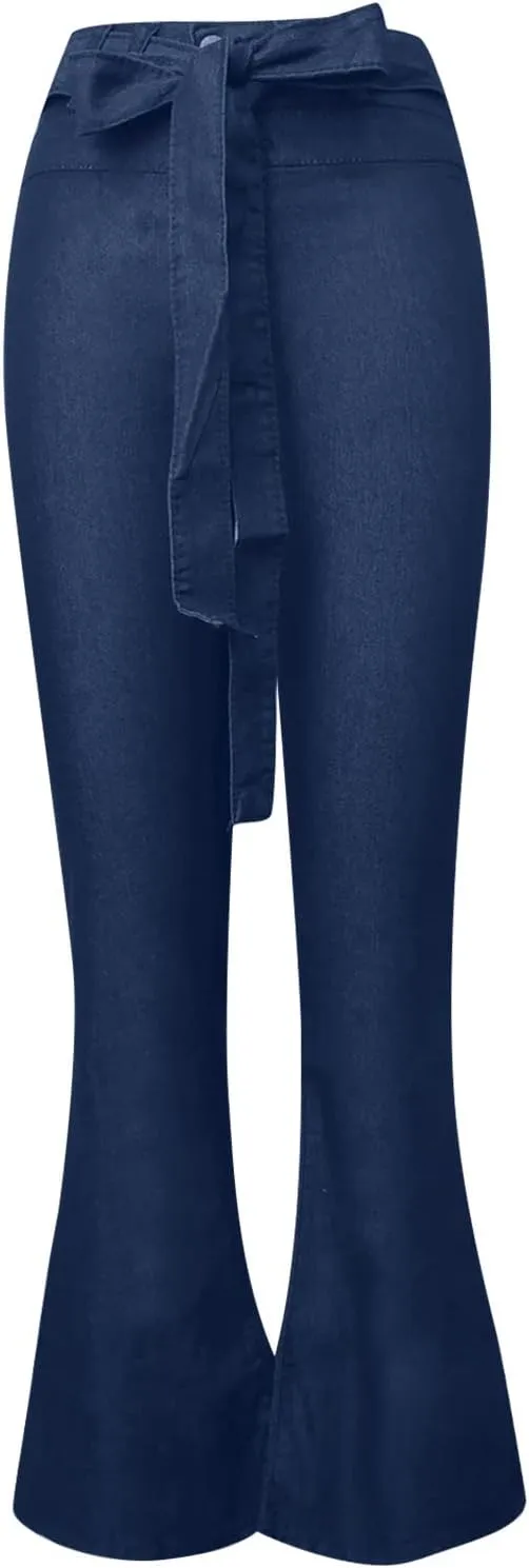 High Waisted Flare Jeans for Woman Adjustable Tie Wide Leg Denim Trousers Trendy Stretchy Bell Bottoms with Pockets