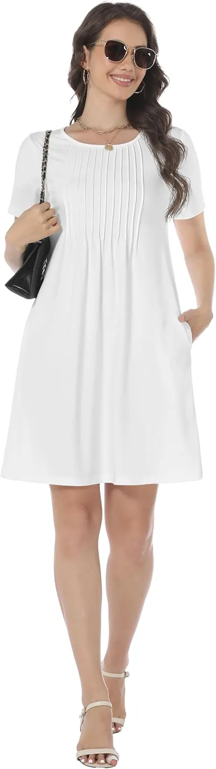 HiMONE Womens Summer Dresses T-Shirt Pleated Dressy Casual Scooped Neck Beach Vacation Dresses XS-2XL