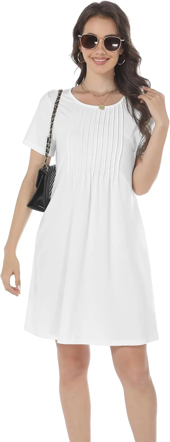 HiMONE Womens Summer Dresses T-Shirt Pleated Dressy Casual Scooped Neck Beach Vacation Dresses XS-2XL