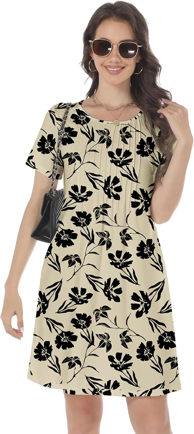 HiMONE Womens Summer Dresses T-Shirt Pleated Dressy Casual Scooped Neck Beach Vacation Dresses XS-2XL