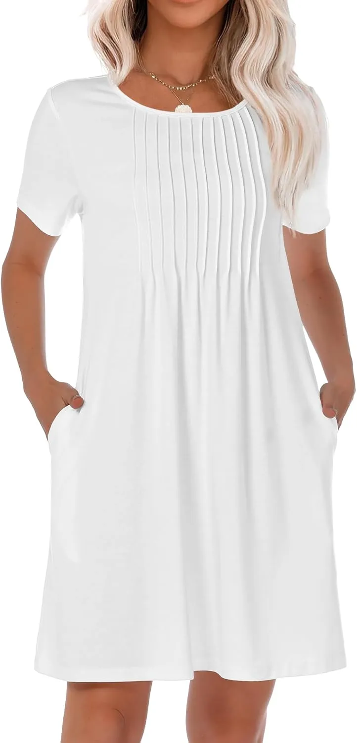 HiMONE Womens Summer Dresses T-Shirt Pleated Dressy Casual Scooped Neck Beach Vacation Dresses XS-2XL