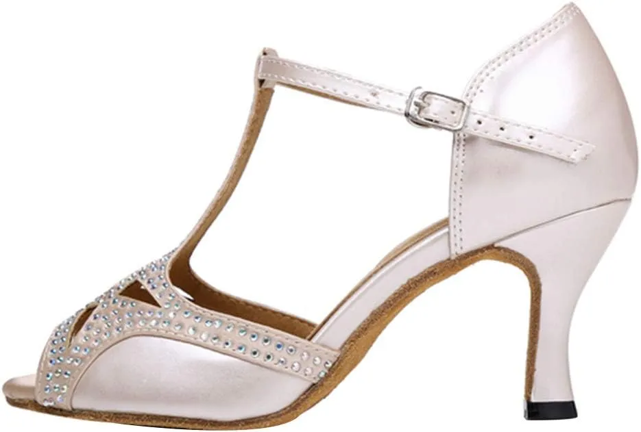 HIPPOSEUS Womens T-Strap Rhinestone Latin Dance Shoes Open Toe Salsa Tango Ballroom Dance Performance Dress Shoes High Heel,Model L287