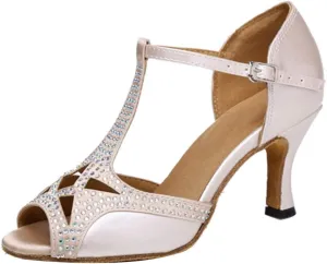 HIPPOSEUS Womens T-Strap Rhinestone Latin Dance Shoes Open Toe Salsa Tango Ballroom Dance Performance Dress Shoes High Heel,Model L287