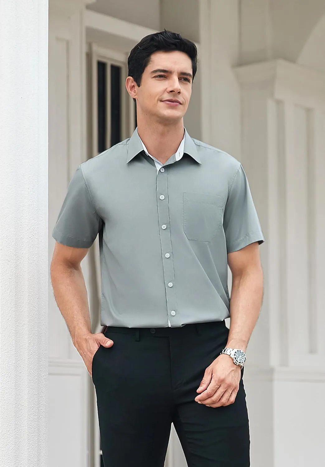 HISDERN Mens Short Sleeve Dress Shirts Business Casual Shirts for Men Button Down Shirt Formal Summer with Pocket