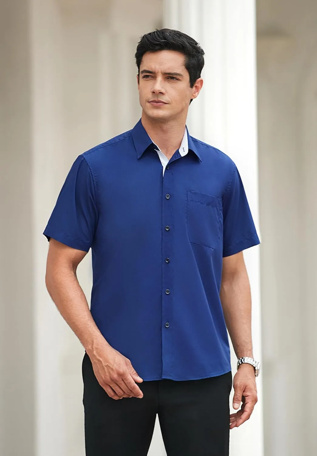 HISDERN Mens Short Sleeve Dress Shirts Business Casual Shirts for Men Button Down Shirt Formal Summer with Pocket