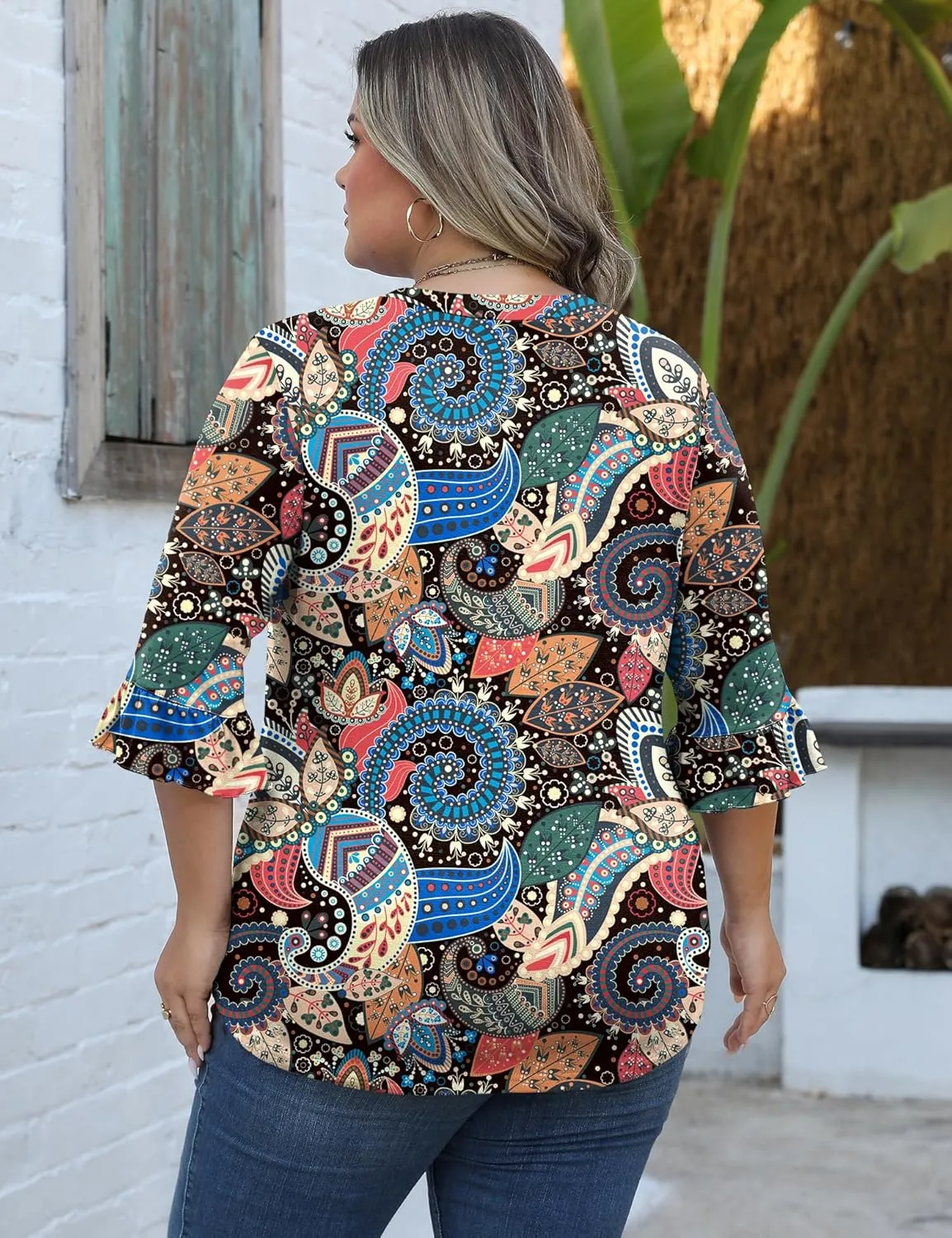 IECCP Womens Plus Size Tops 3/4 Length Sleeve Shirts Casual V-Neck Ruffle Sleeve Textured Tunic Blouse (1X-5X)