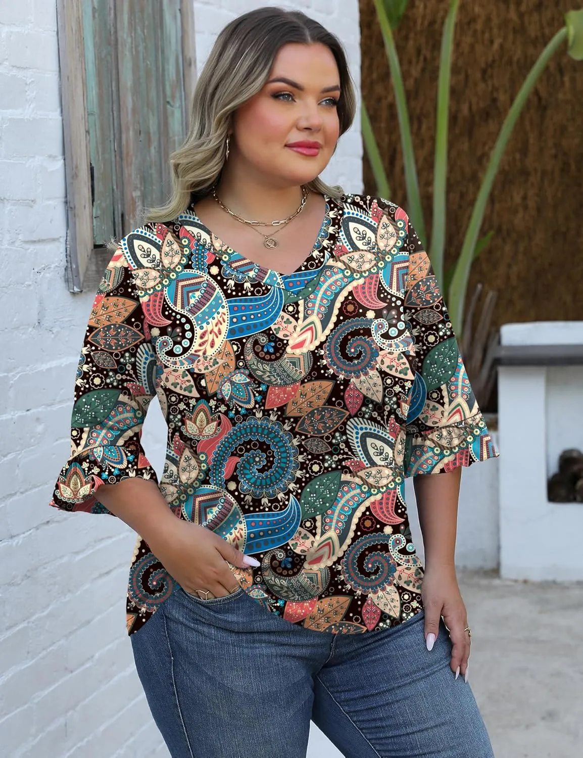 IECCP Womens Plus Size Tops 3/4 Length Sleeve Shirts Casual V-Neck Ruffle Sleeve Textured Tunic Blouse (1X-5X)