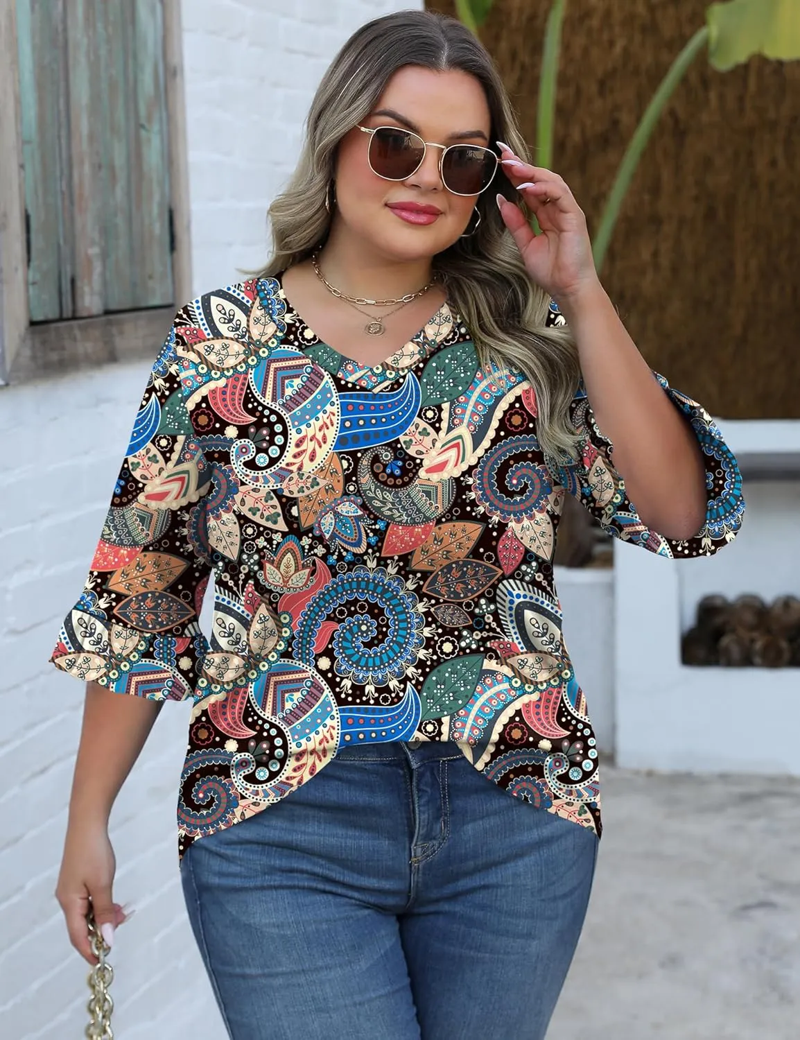 IECCP Womens Plus Size Tops 3/4 Length Sleeve Shirts Casual V-Neck Ruffle Sleeve Textured Tunic Blouse (1X-5X)