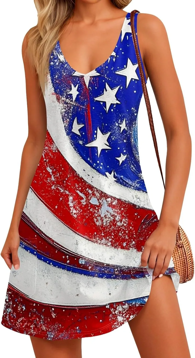 Independence Day Dress for Women Patriotic 4th of July Knee Length Mini Dresses V Neck Spaghetti Strap Sundresses