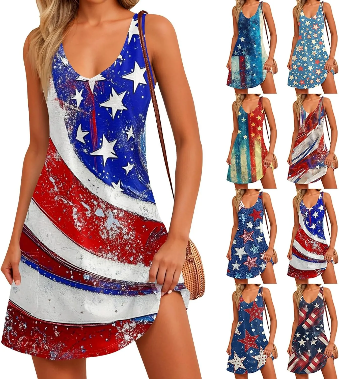Independence Day Dress for Women Patriotic 4th of July Knee Length Mini Dresses V Neck Spaghetti Strap Sundresses