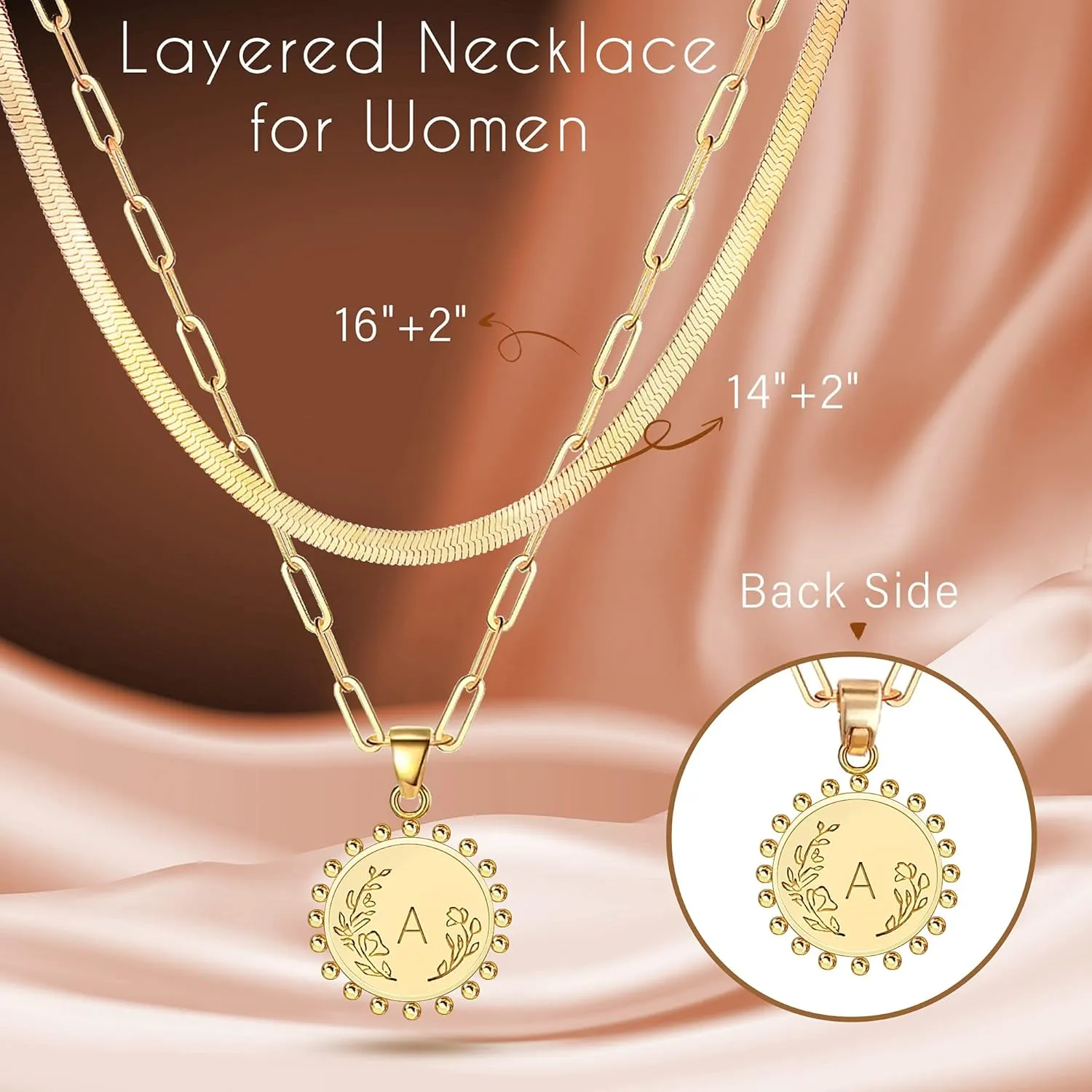 JSJOY Layered Initial Necklaces for Women, Gold Paperclip Chain Necklaces Initial Coin Pendant Herringbone Choker Necklace Layering Double Side Engraved Hammered Gold Coin Disc Letter A-Z Necklaces Gifts for Women