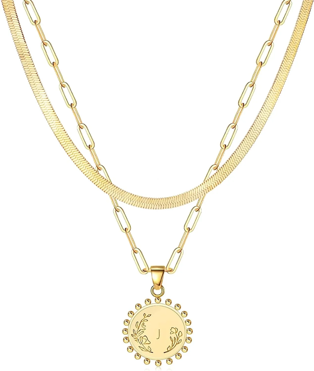 JSJOY Layered Initial Necklaces for Women, Gold Paperclip Chain Necklaces Initial Coin Pendant Herringbone Choker Necklace Layering Double Side Engraved Hammered Gold Coin Disc Letter A-Z Necklaces Gifts for Women