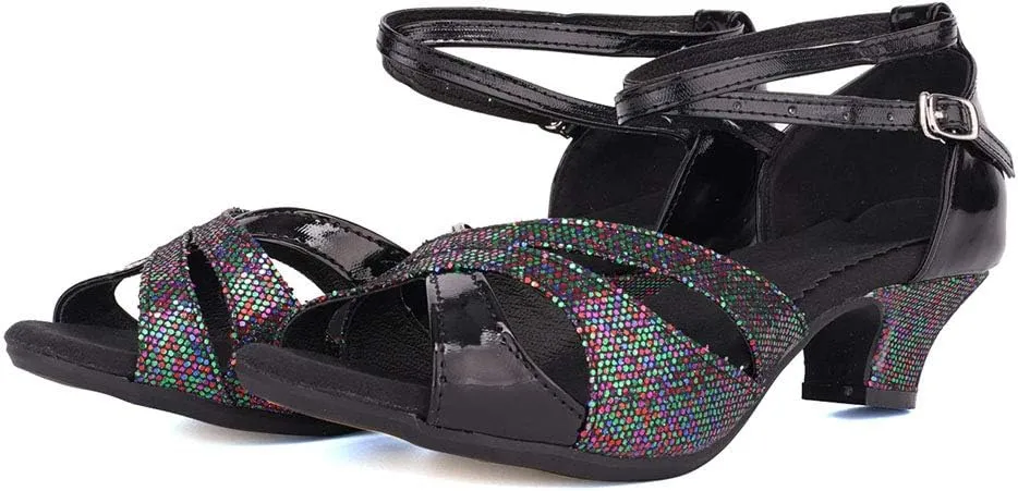 JUODVMP Womens Latin Dance Shoes Peep Toe Sequins Ballroom Dance Dress Shoes for Wedding Evening Shoes,DY05