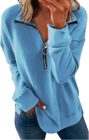 KINGFEN Womens Long Sleeve Quarter Zip Sweatshirt Loose Pullover Zipper Tops