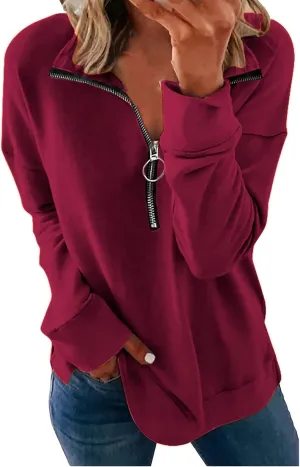 KINGFEN Womens Long Sleeve Quarter Zip Sweatshirt Loose Pullover Zipper Tops