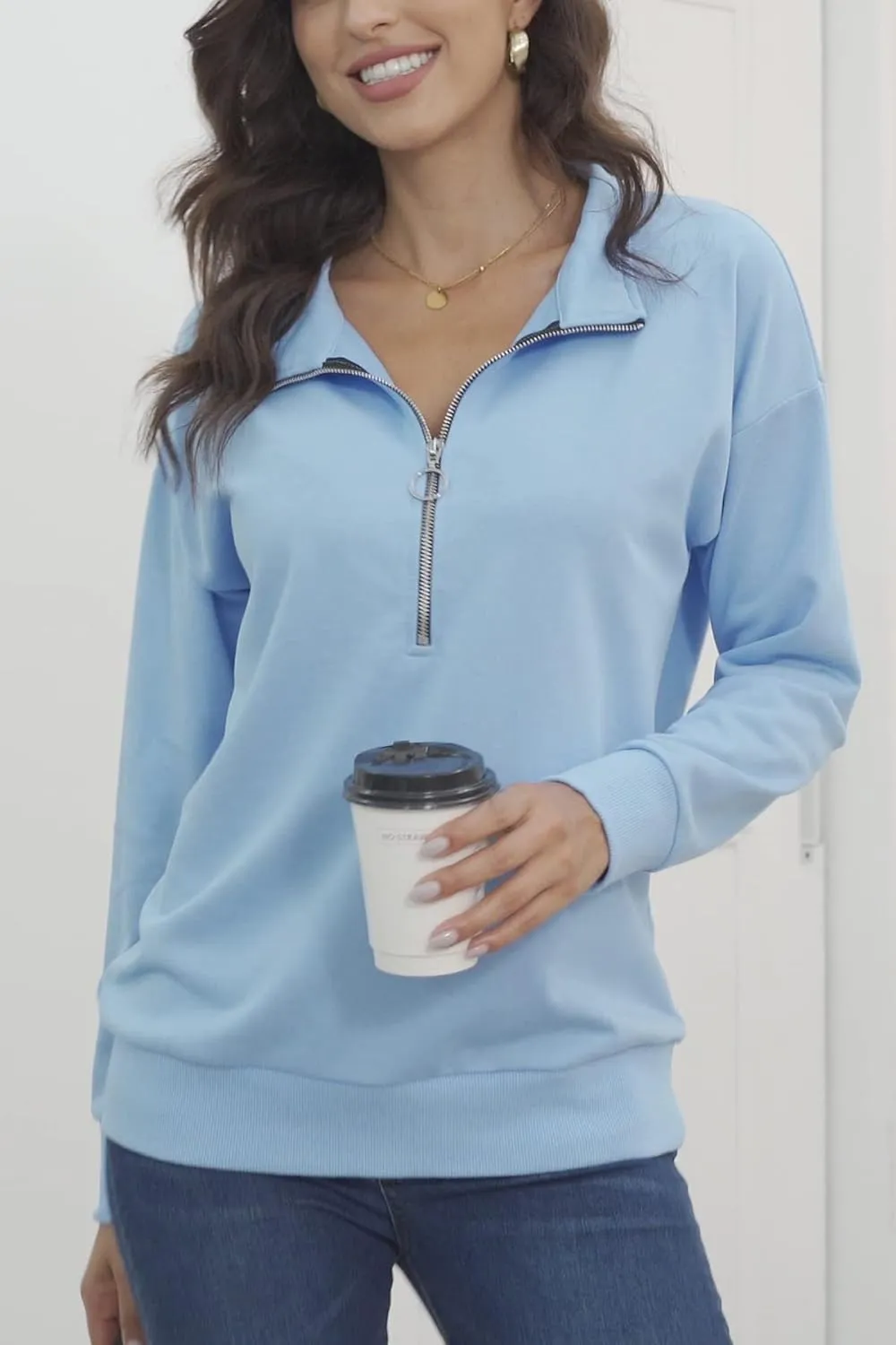 KINGFEN Womens Long Sleeve Quarter Zip Sweatshirt Loose Pullover Zipper Tops