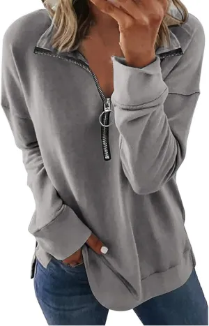 KINGFEN Womens Long Sleeve Quarter Zip Sweatshirt Loose Pullover Zipper Tops