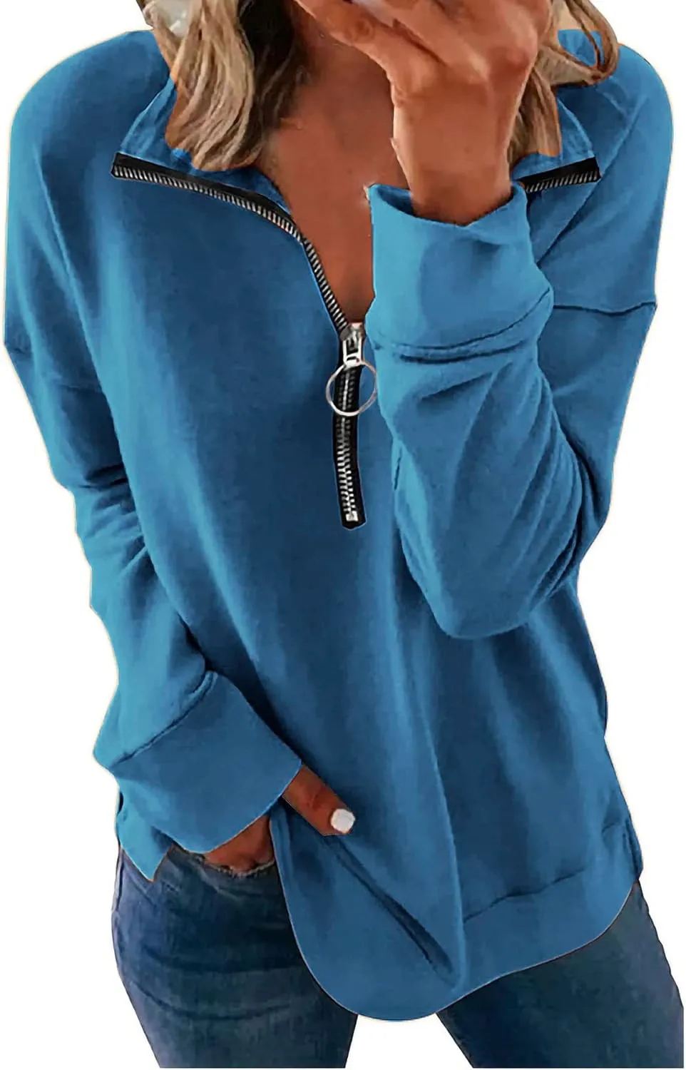 KINGFEN Womens Long Sleeve Quarter Zip Sweatshirt Loose Pullover Zipper Tops