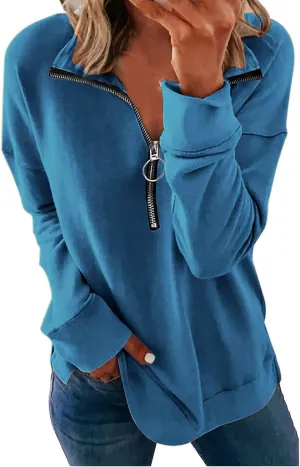 KINGFEN Womens Long Sleeve Quarter Zip Sweatshirt Loose Pullover Zipper Tops